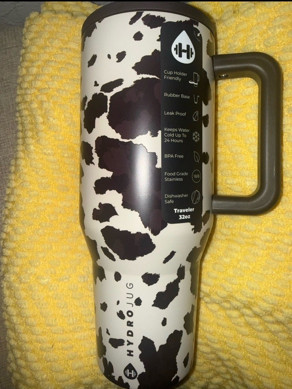 HydroJug 32oz Cow Print Travel Tumbler - Black & White with Handle